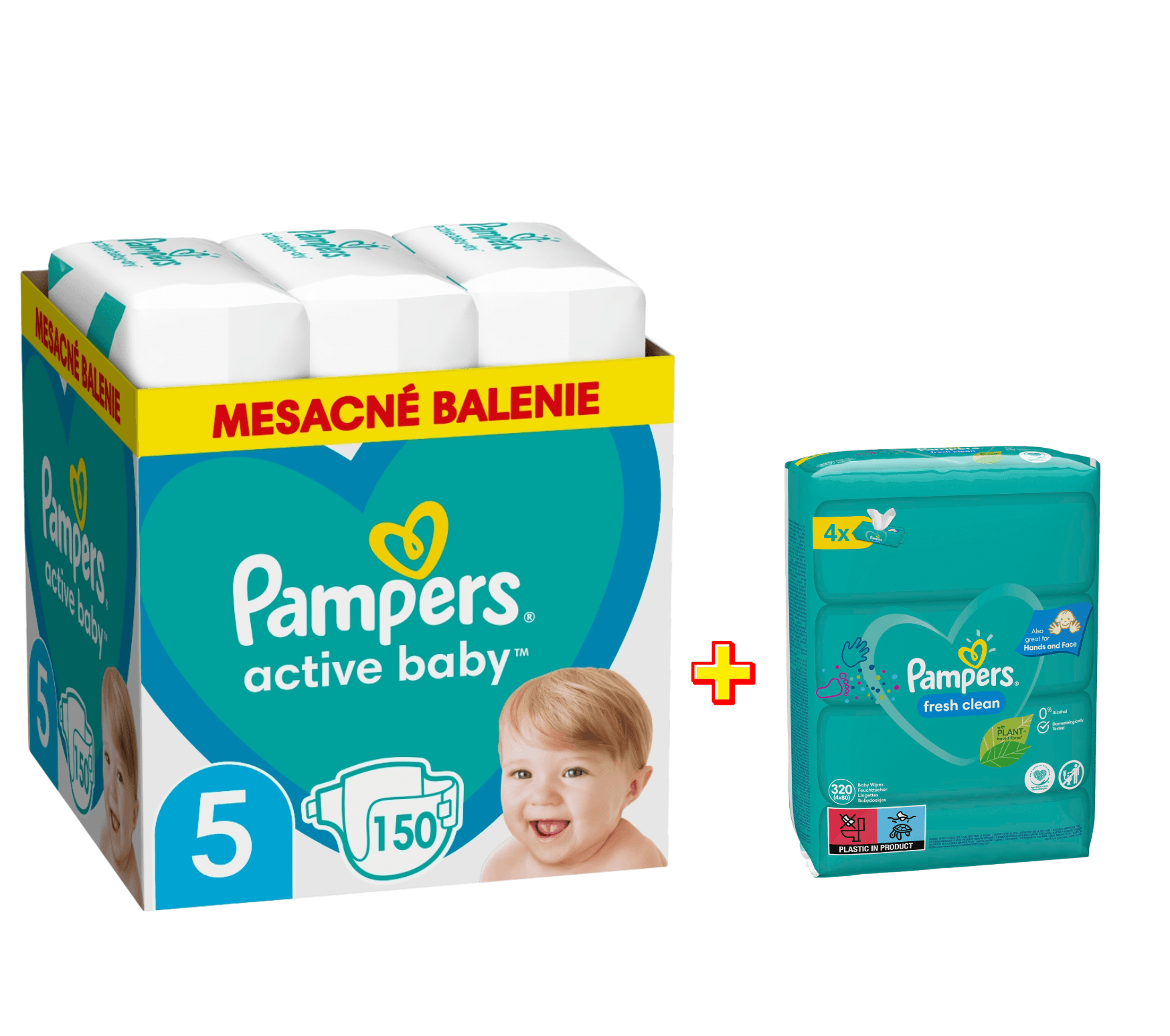 Pampers Active Baby (veľ. 3, 4, 5, 6) + vlhčené obrúsky Fresh Clean (320ks)