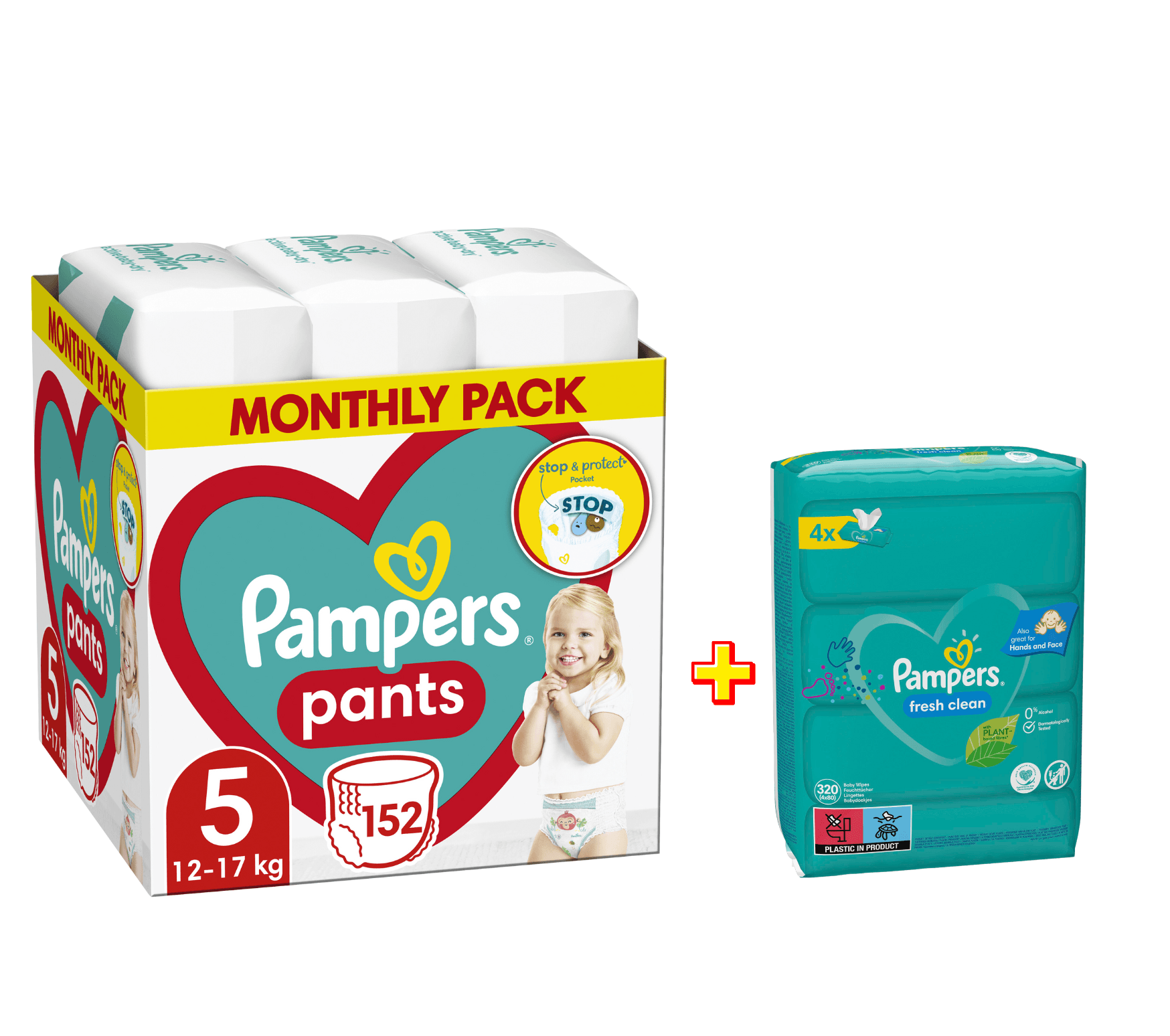 Pampers Pants (vel. 3, 4, 5, 6) + vlhčené ubrousky Fresh Clean (320ks)