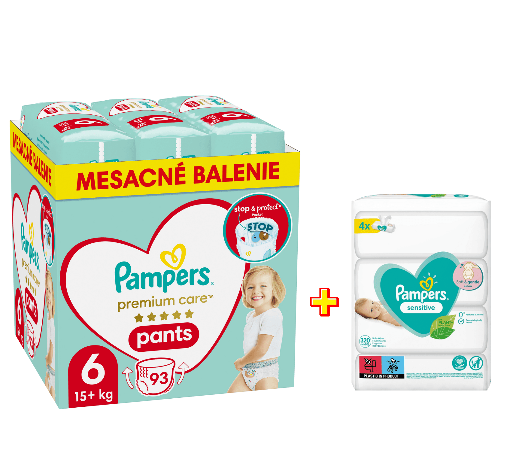 Pampers Pants Premium (vel. 3, 4, 5, 6) + vlhčené ubrousky Sensitive